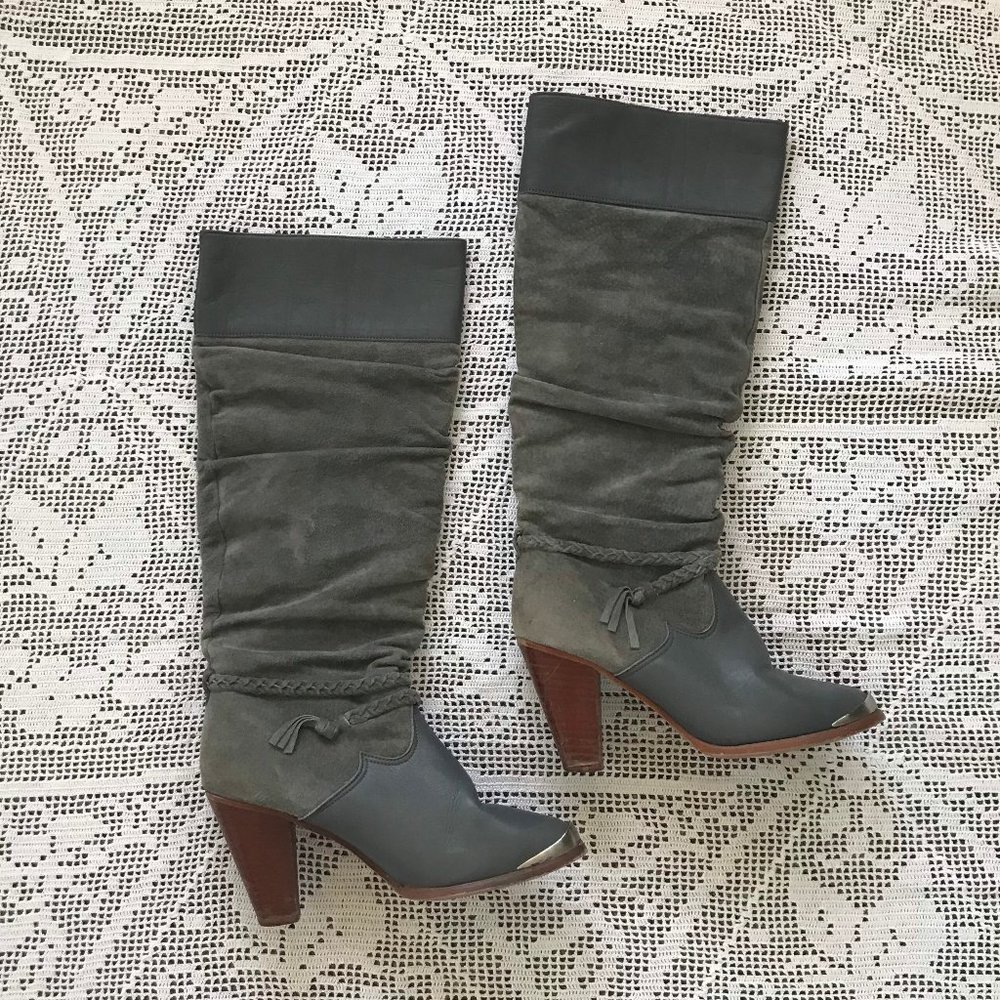 1980s KINNEY Gray Leather High Heeled Boots - Boho Boots - Wood Stacked Heel